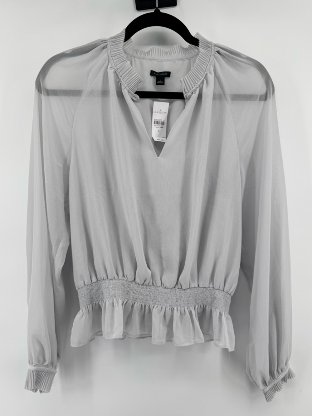 Ann Taylor Light Gray Smocked-Waist Ruffle sheer blouse Women's Sz Sm NWT